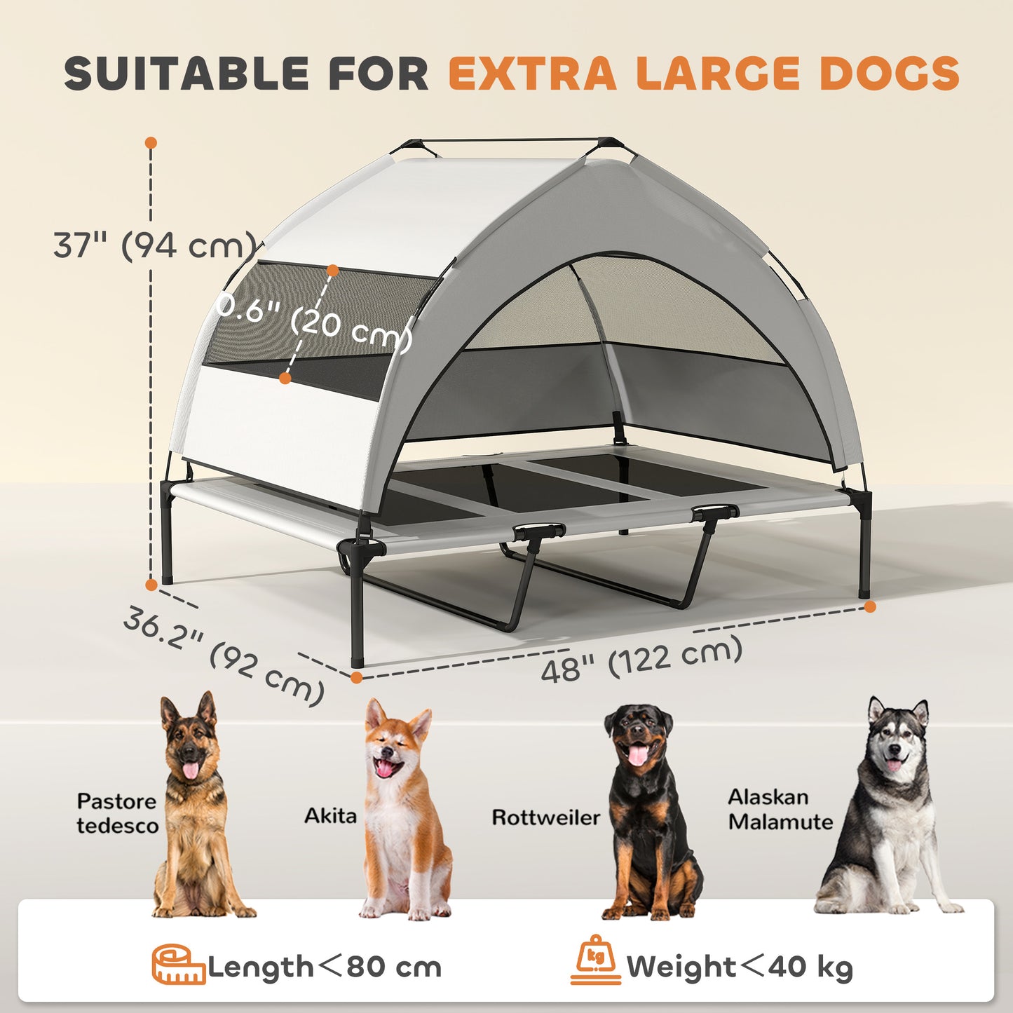 Elevated Dog Bed with Removable Canopy, Portable Outside Raised Pet Cot, Storage Bag, 48" x 36" x 37"