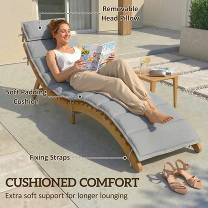 Folding Chaise Lounge Chair Outdoor, Acacia Wood Lounger Tanning Chair with Cushion, Headrest, Light Grey