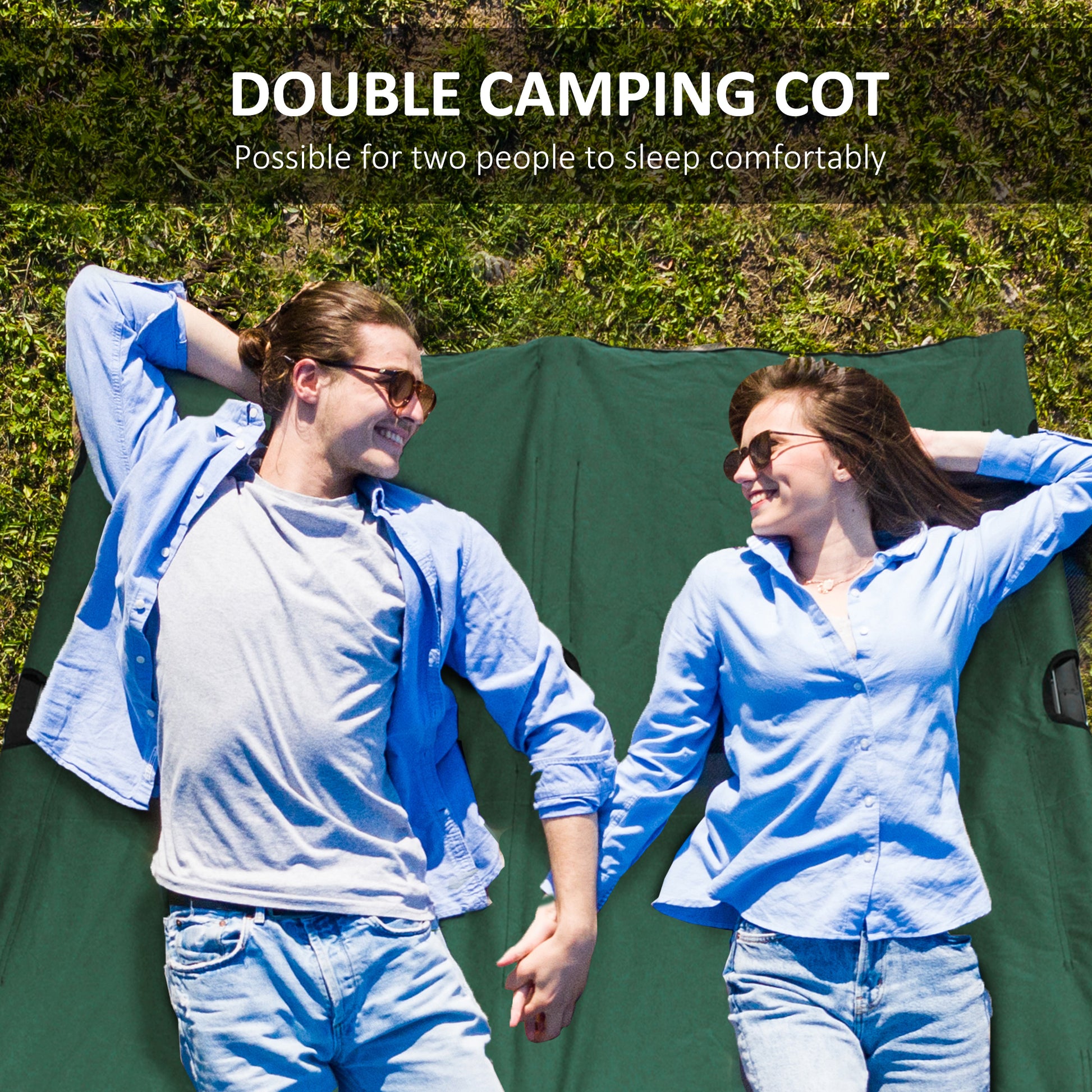 76" Two Person Folding Camping Cot Outdoor Portable Double Cot Wide Military Sleeping Bed w/ Carrying Bag Green