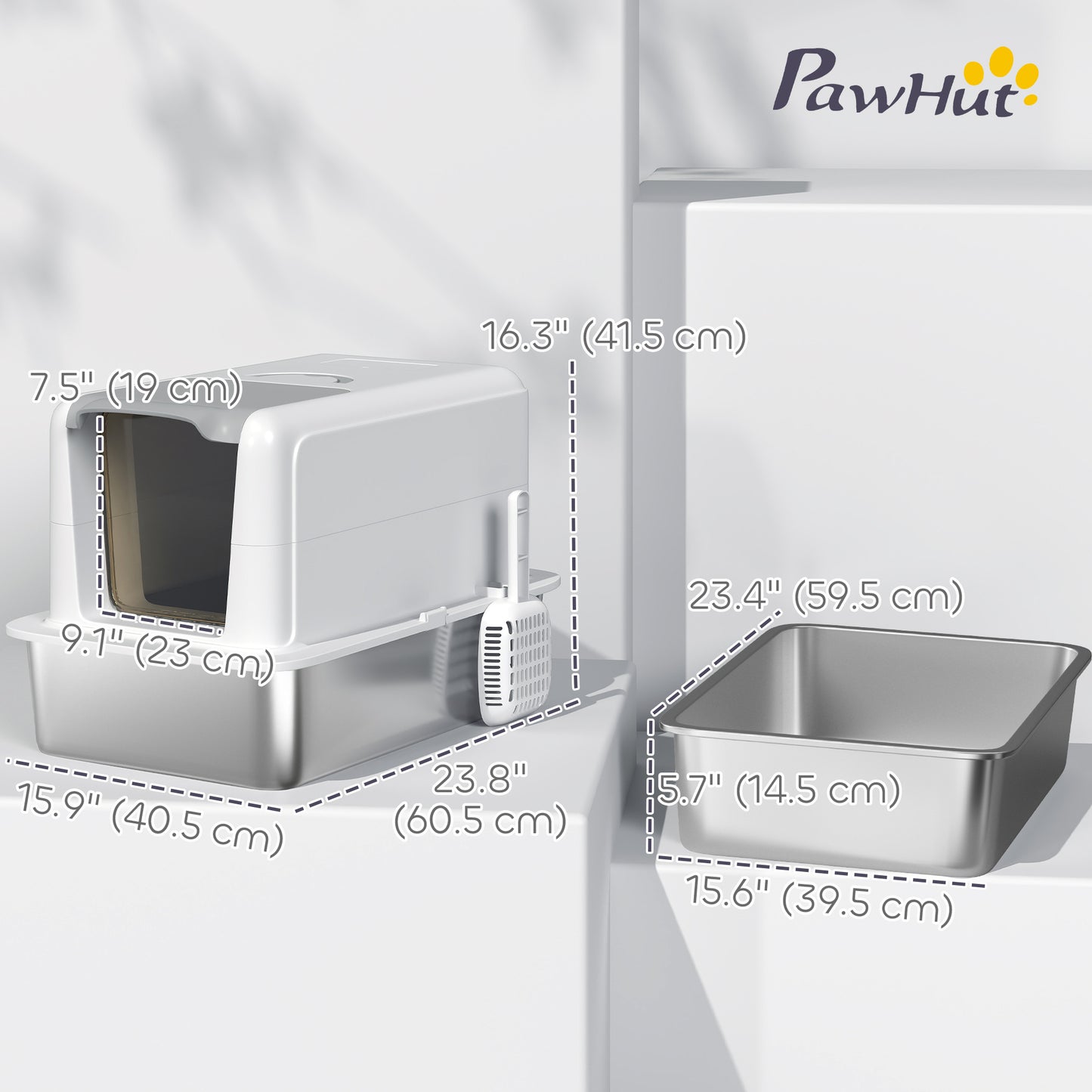 Stainless Steel Cat Litter Box w/ Removable Lid & Scoop, for Small to Large Cats, Easy to Clean, White