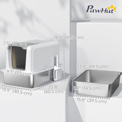 Stainless Steel Cat Litter Box w/ Removable Lid & Scoop, for Small to Large Cats, Easy to Clean, White