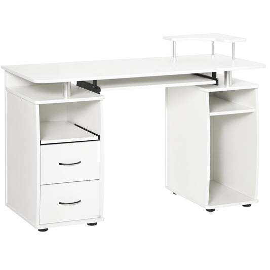 Computer Desk with Keyboard Tray, Home Office Desk with Drawers, CPU Stand, Printer Stand and Open Shelves, Writing Workstation for Study, White