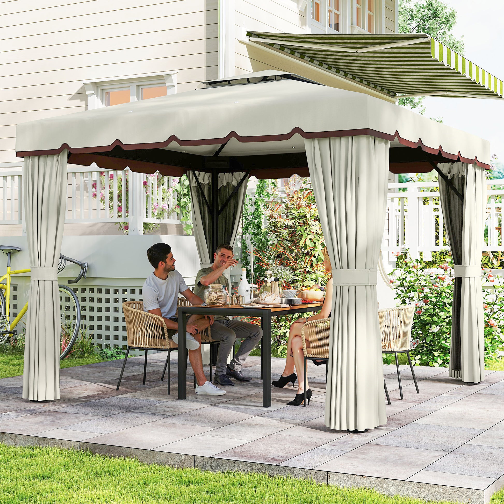 10' x 10' Outdoor Patio Gazebo, Double Soft-top Garden Shelter Tent with Curtains & Mesh Screen Drapes, Cream White