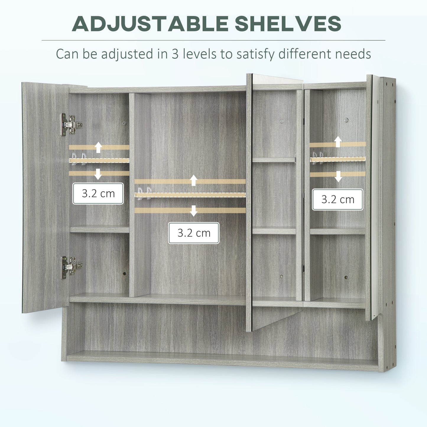 Wall Mounted Bathroom Medicine Cabinet with Mirror and Adjustable Shelves, Grey