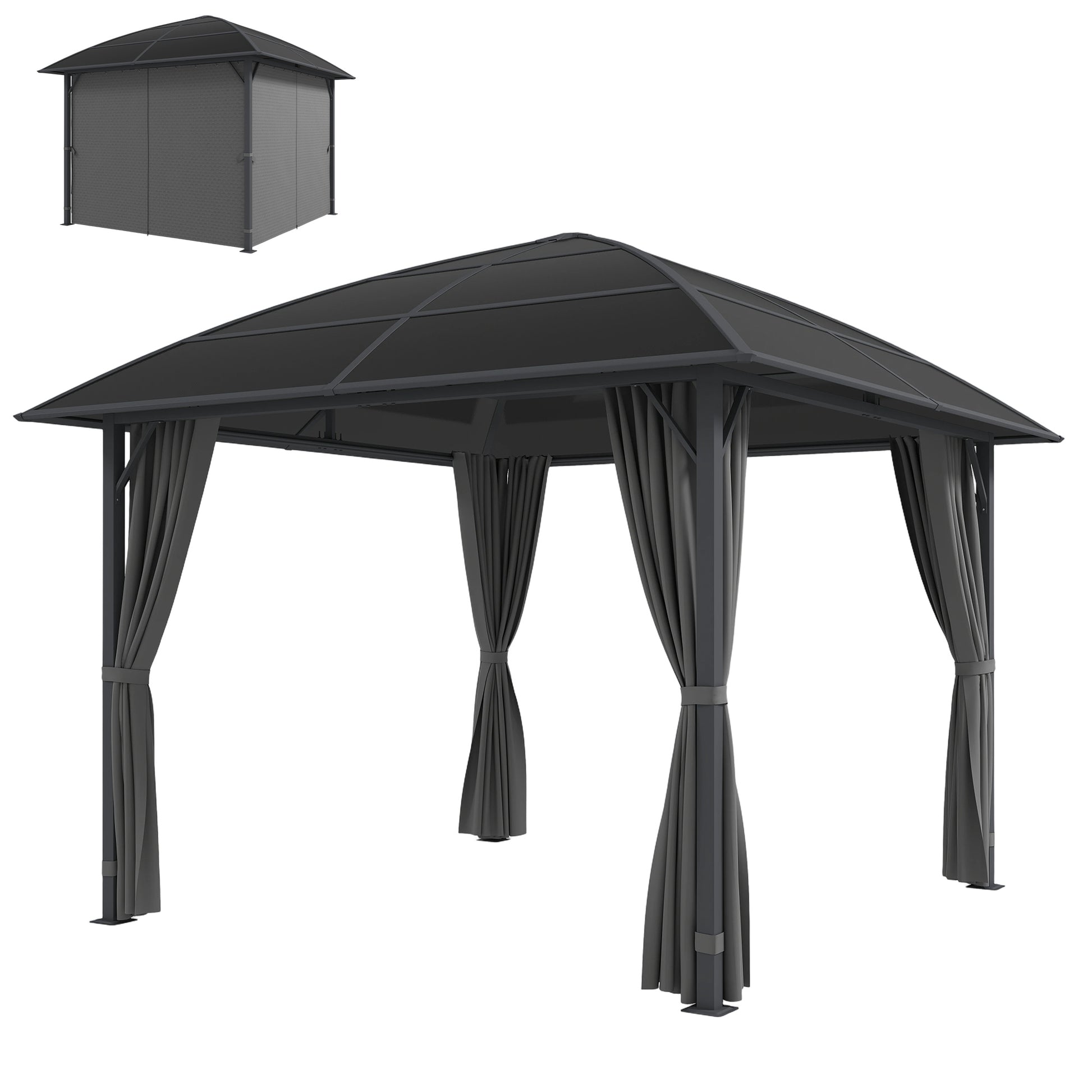 10' x 10' Outdoor Hardtop Gazebo Canopy with UV50+ Polycarbonate Roof, Steel Frame, Central Hook, Curtains, Light Grey