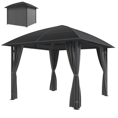 10' x 10' Outdoor Hardtop Gazebo Canopy with UV50+ Polycarbonate Roof, Steel Frame, Central Hook, Curtains, Light Grey