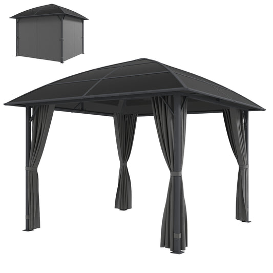 10' x 10' Outdoor Hardtop Gazebo Canopy with UV50+ Polycarbonate Roof, Steel Frame, Central Hook, Curtains, Light Grey