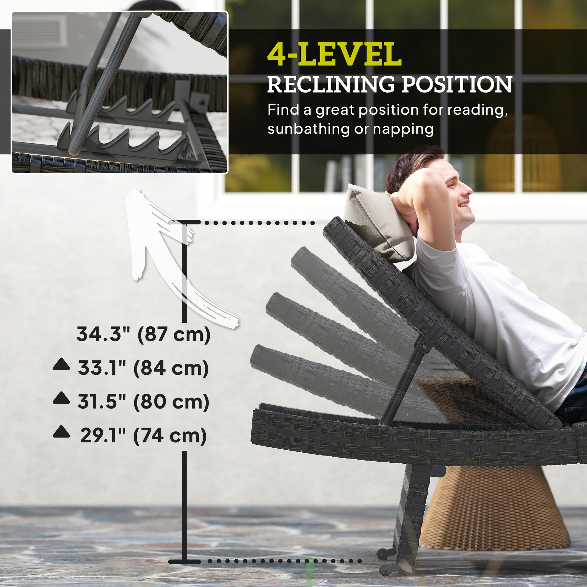 Patio Lounger, Folding Wicker Outdoor Chaise Lounge with 4-Level Adjustable Backrest, Black