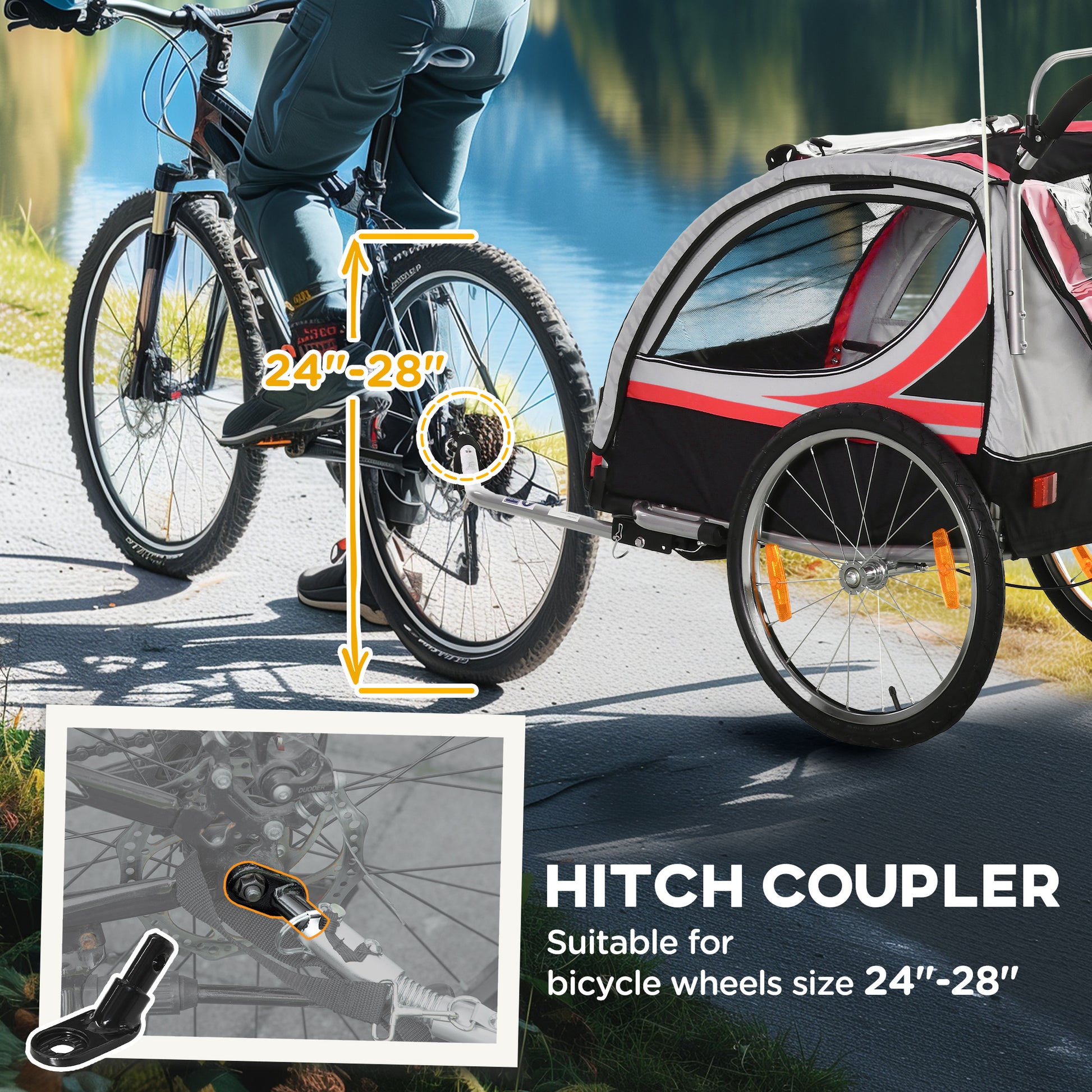 Aosom 2 Seat Bike Trailer for Kids 2-in-1 Double Baby Stroller with Handbrake, Rubber Wheels, 5 Point Harness, Waterproof Cover, Storage Bag, Reflectors, Red