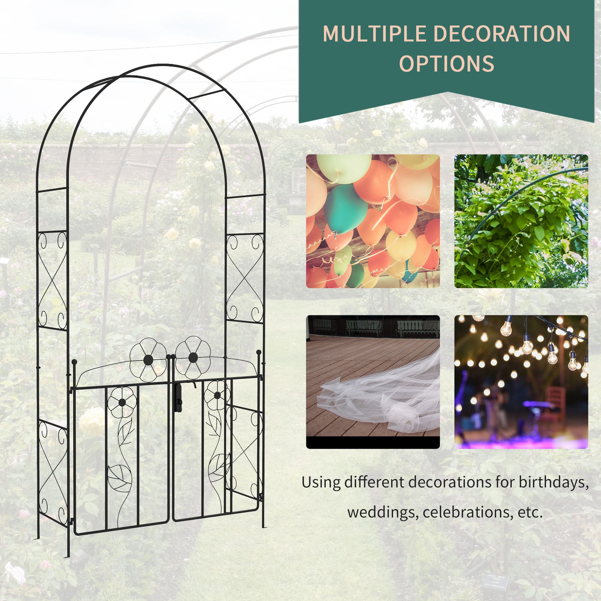 7.5FT Metal Garden Arbour with Double Gate, Arch Trellis for Climbing Vine Plants, Outdoor Wedding, Decoration, Black