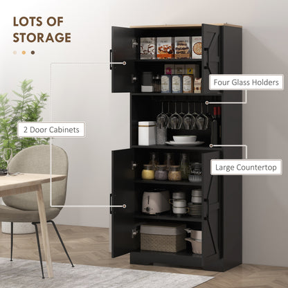 Farmhouse Kitchen Pantry, 68" Freestanding Hutch Storage Cabinet with Microwave Oven Countertop, Black