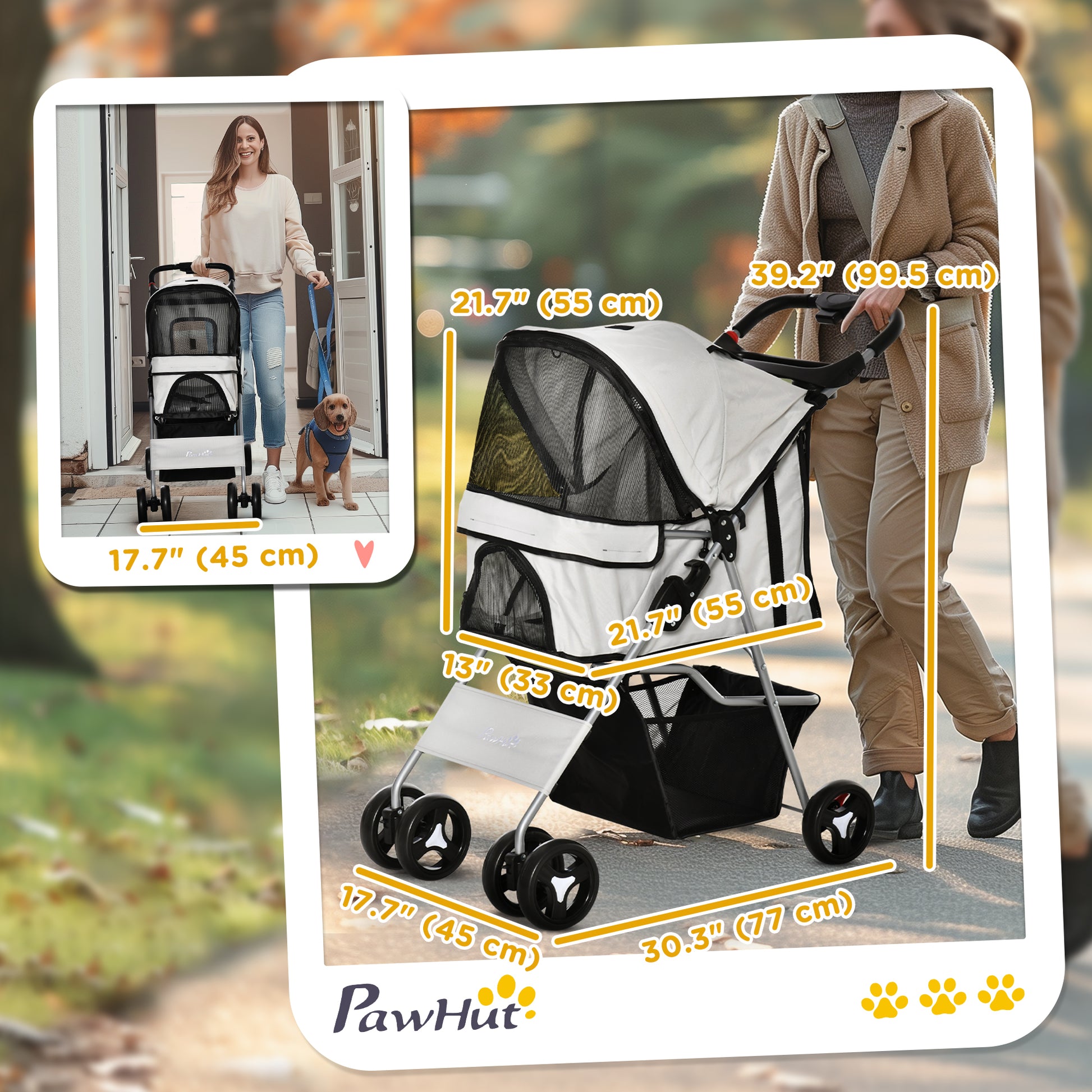 Dog Stroller, One-click Folding Pet Stroller with Cup Holder, 4 Wheels Travel Carrier w/ Brakes, 360° Swiveling Front Wheels, Storage Basket, for XS/Small Dogs Cats, Grey
