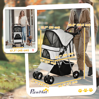 Dog Stroller, One-click Folding Pet Stroller with Cup Holder, 4 Wheels Travel Carrier w/ Brakes, 360° Swiveling Front Wheels, Storage Basket, for XS/Small Dogs Cats, Grey