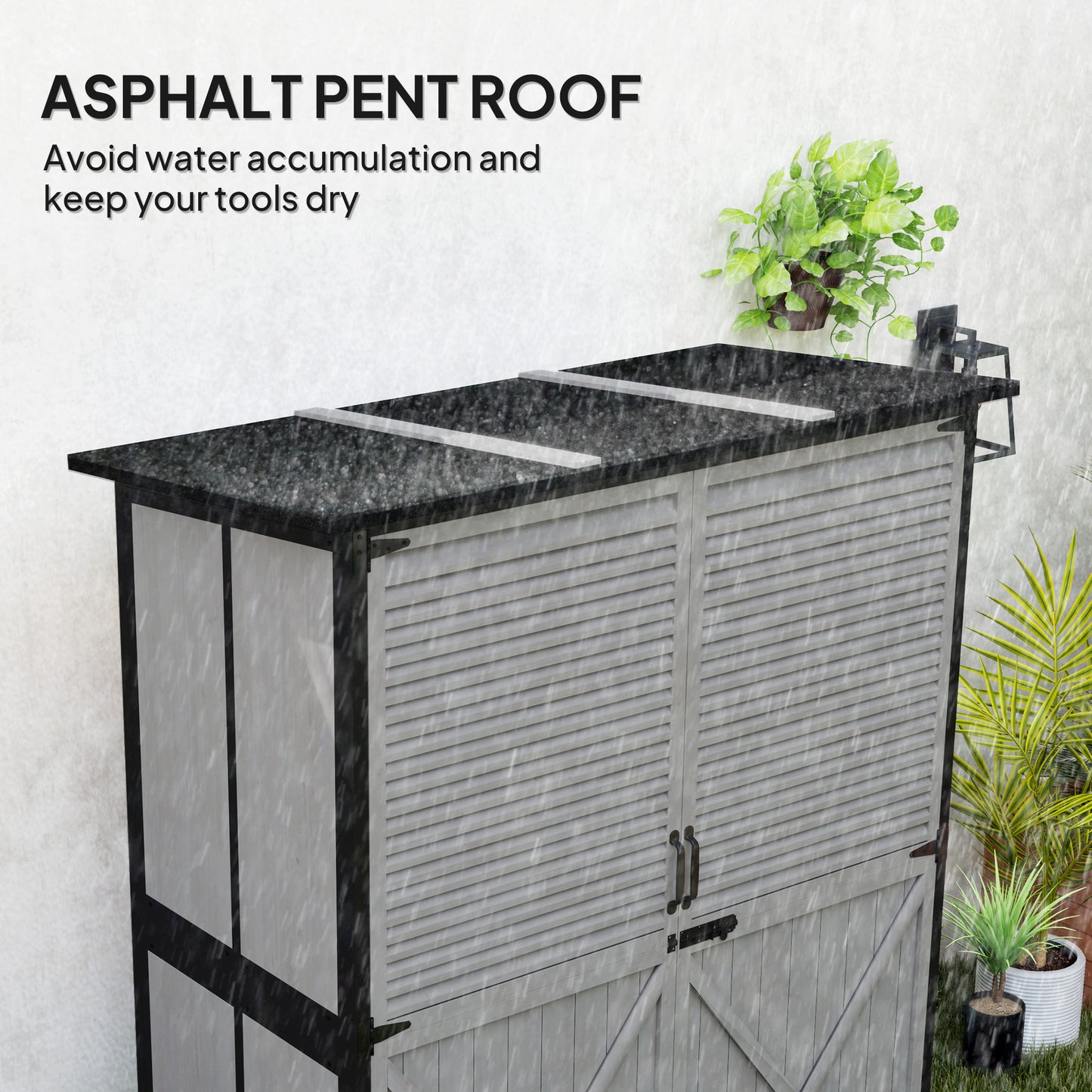Outdoor Storage Cabinet, Wood Garden Shed with Steel Frame, Asphalt Roof, 2 Shelves and Lockable Doors, Grey