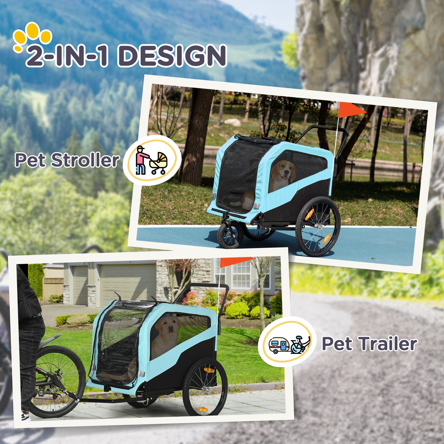 Aosom 2-in-1 Dog Bike Trailer, Pet Stroller with Hitch for Small Medium Large Dogs, Quick-release Wheels, Foot Support, Pet Bicycle, Cart Wagon, Cargo Carrier for Travelling, Blue