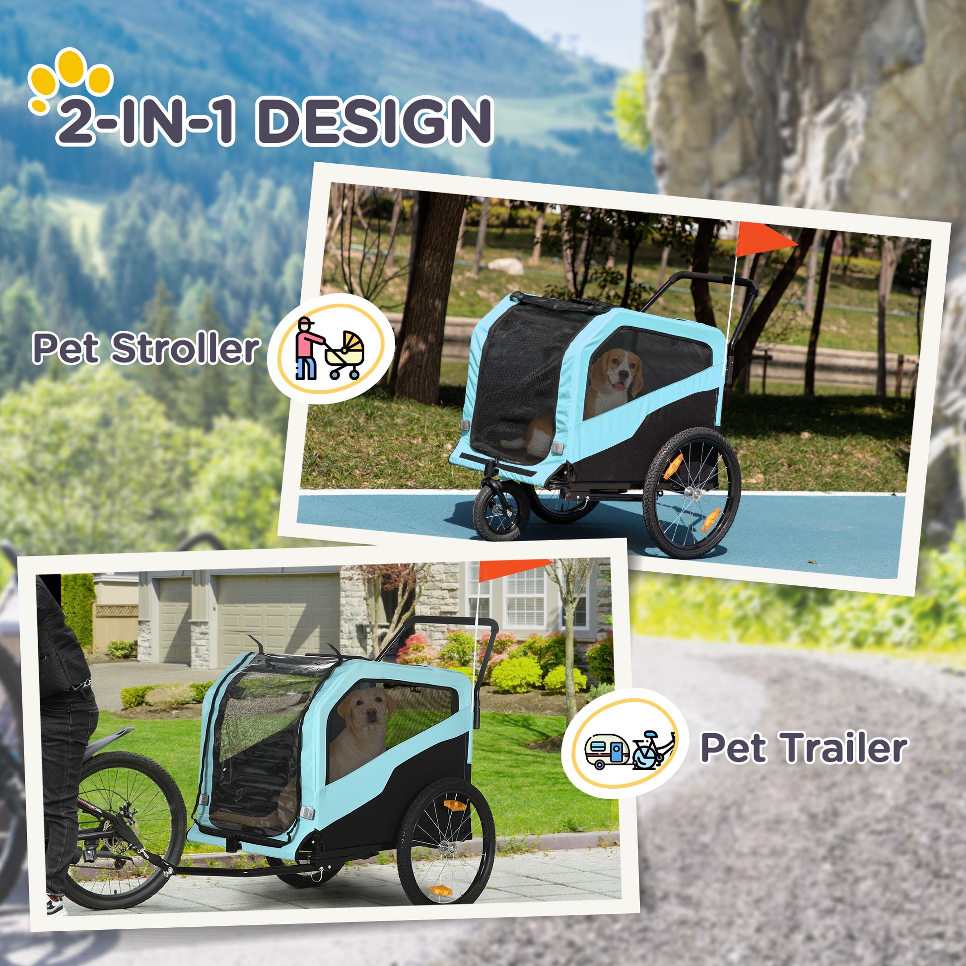 Aosom 2-in-1 Dog Bike Trailer, Pet Stroller with Hitch for Small Medium Large Dogs, Quick-release Wheels, Foot Support, Pet Bicycle, Cart Wagon, Cargo Carrier for Travelling, Blue