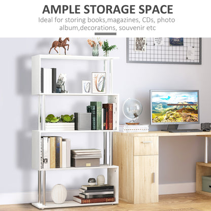 5-Tiers Geometric Wooden Bookcase S-Shaped Storage Bookshelf Display with Metal Frame for Living Room, Bedroom, Home Office, White