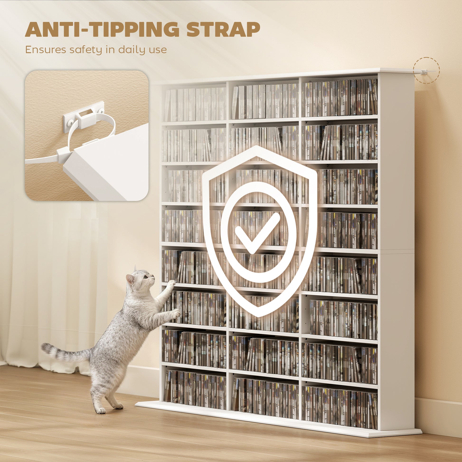 Media Storage Cabinet, 8-Tier DVD Shelf with 18 Adjustable Shelves, Holds 1032 CDs, 594 DVDs or Blu-rays, White