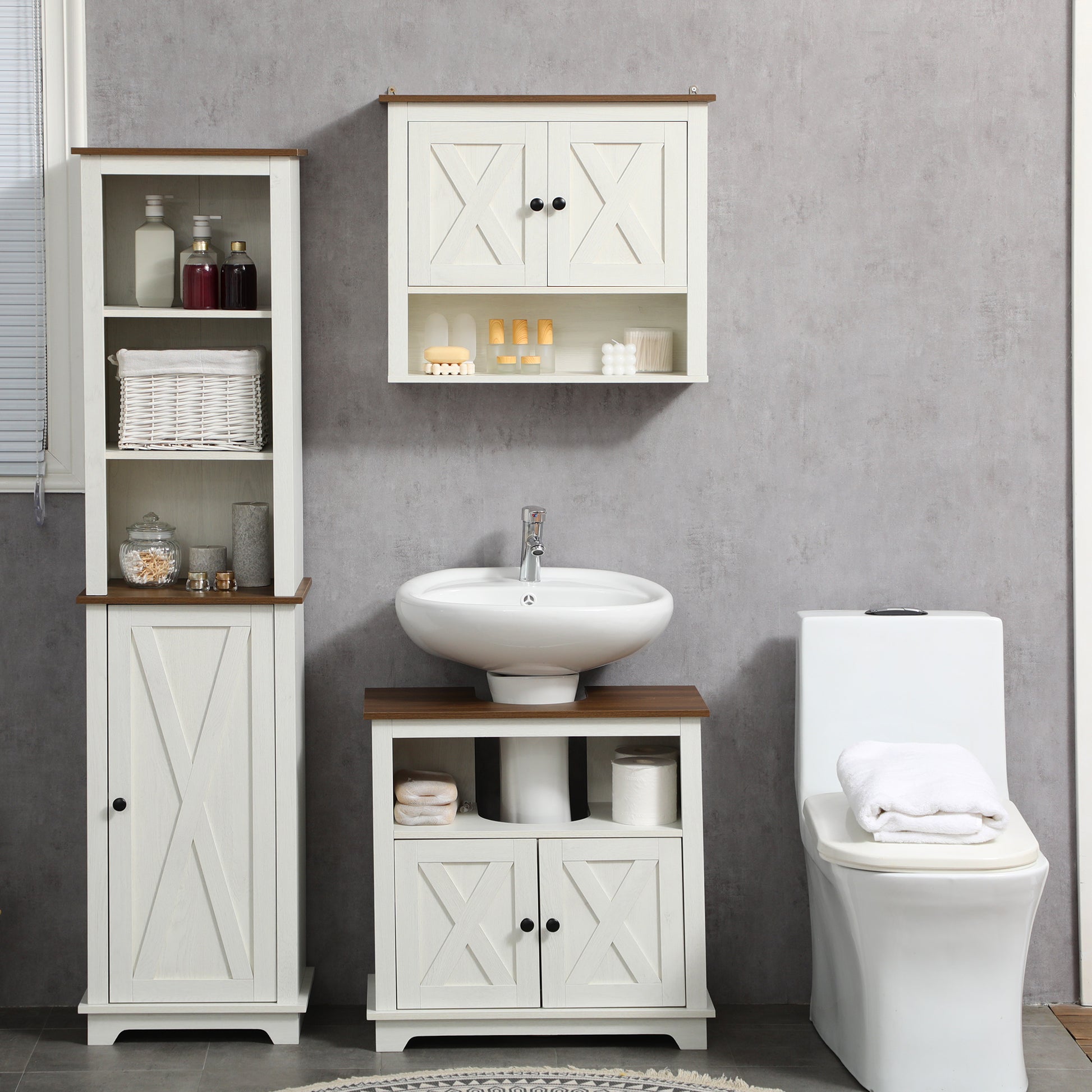 Farmhouse Bathroom Sink Cabinet, Pedestal Sink Storage Cabinet with Double Doors and Shelves, White