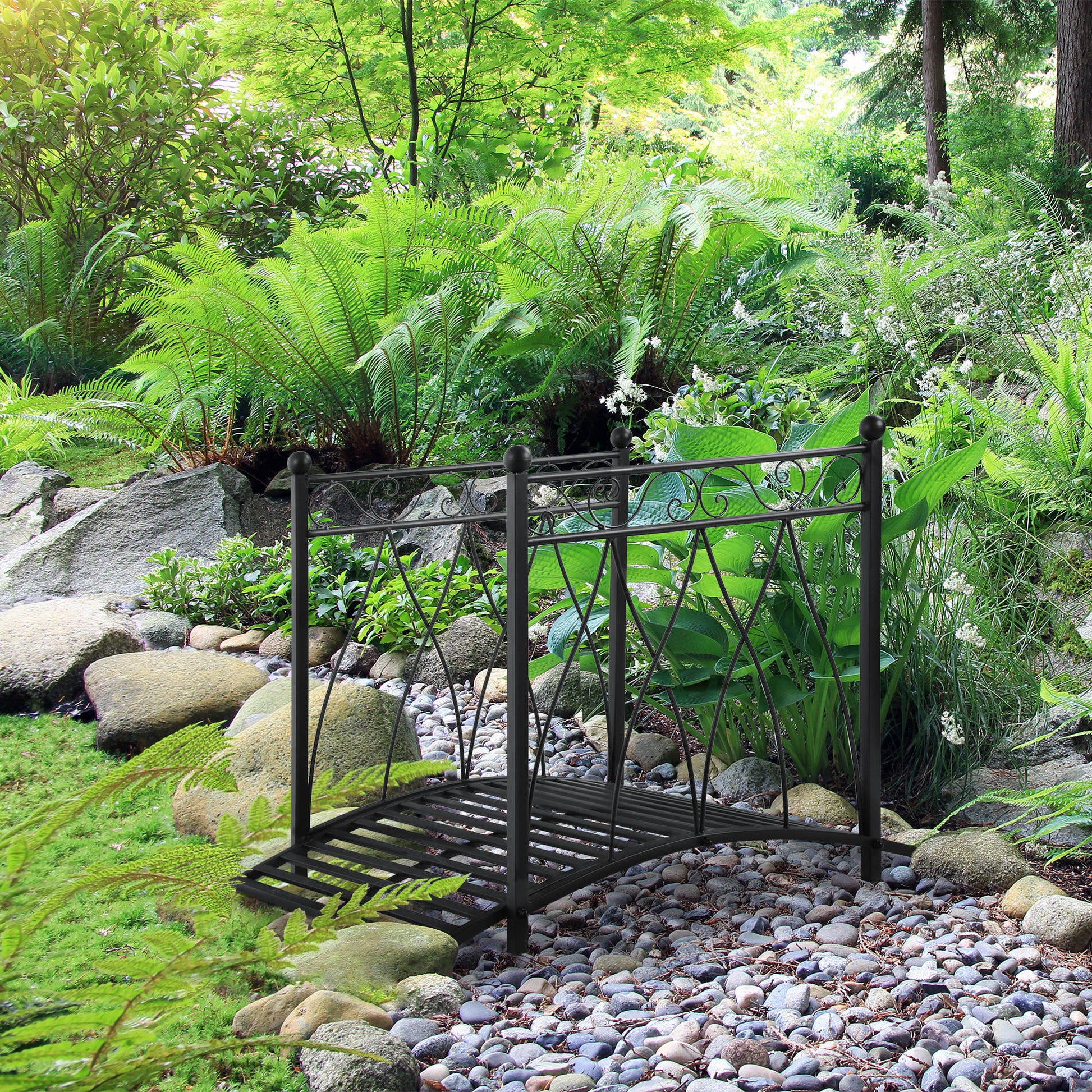3.3FT Classic Garden Bridge with Safety Railings Arc Footbridge Decorative Pond Bridge for Backyard Creek Stream, Black
