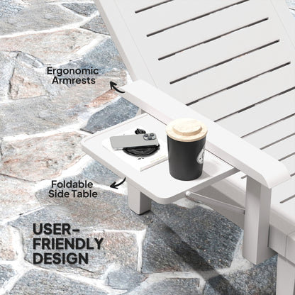 Set of 2 Tanning Chair, 5 Positions Adjustable Outdoor Lounge Chairs with Foldable Side Table, White
