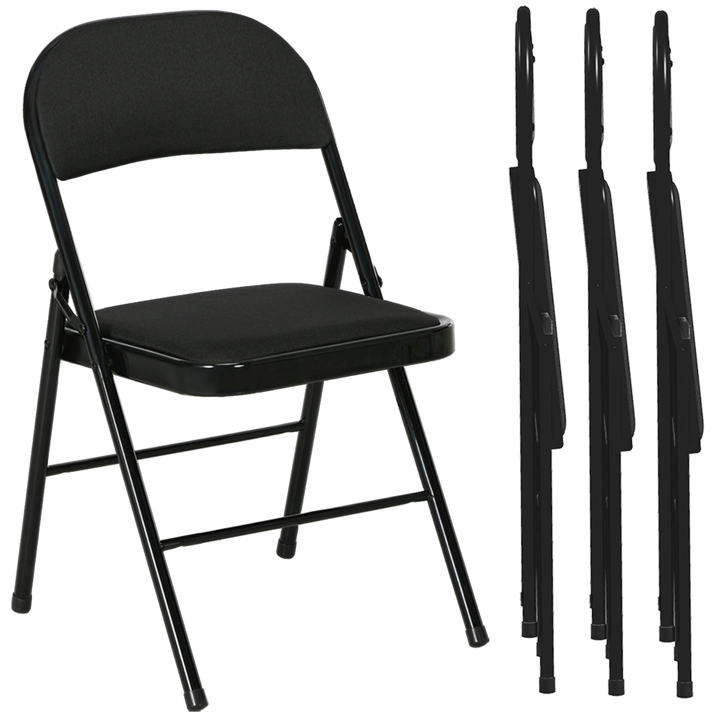 Set of 4 Metal Foldable Chairs, Faux Linen Padded Folding Chairs with Cushion Seat and Open Back for Indoor, Black