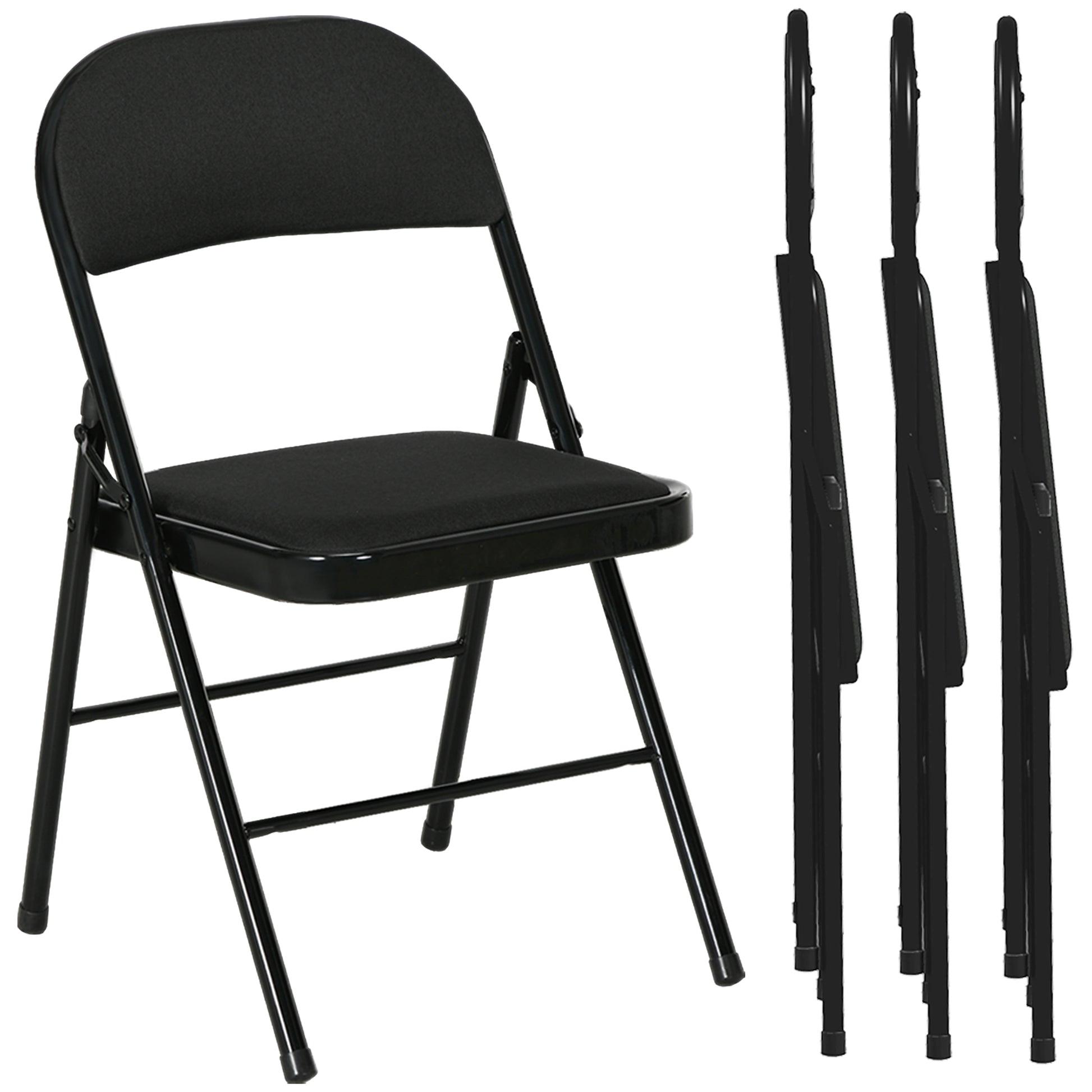 Set of 4 Metal Foldable Chairs, Faux Linen Padded Folding Chairs with Cushion Seat and Open Back for Indoor, Black