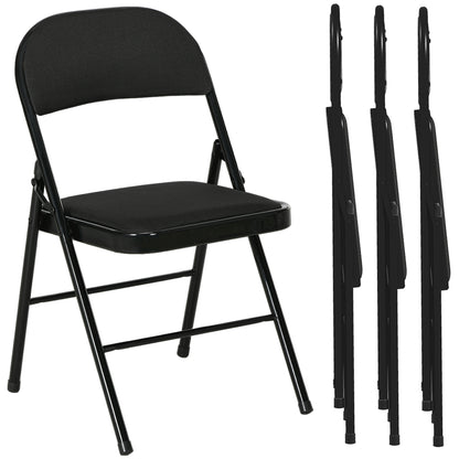 Set of 4 Metal Foldable Chairs, Faux Linen Padded Folding Chairs with Cushion Seat and Open Back for Indoor, Black