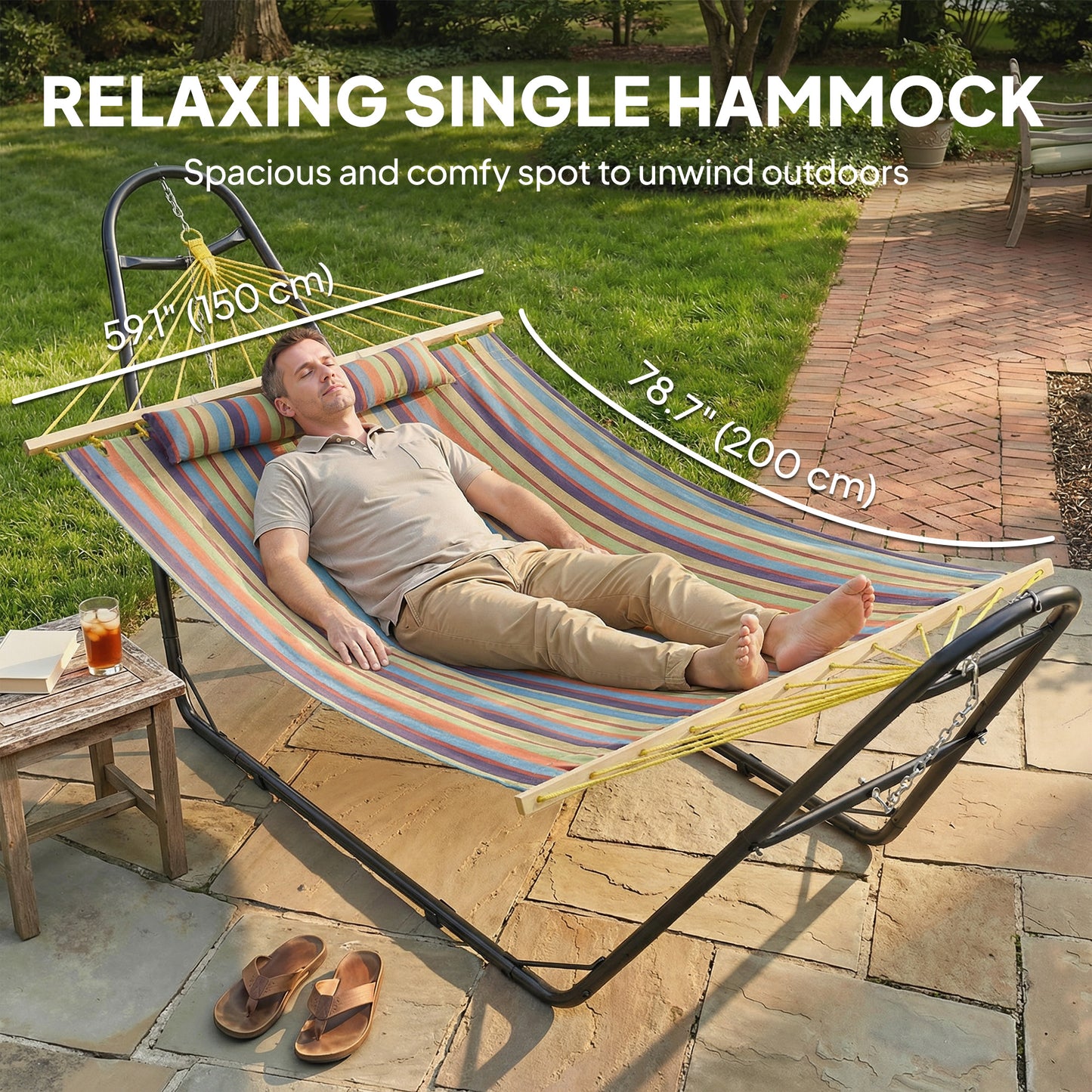 Hammock with Stand, Heavy Duty Camping Hammock with Detachable Pillow and Spreader Bar, 264 lbs Capacity, Multicolor