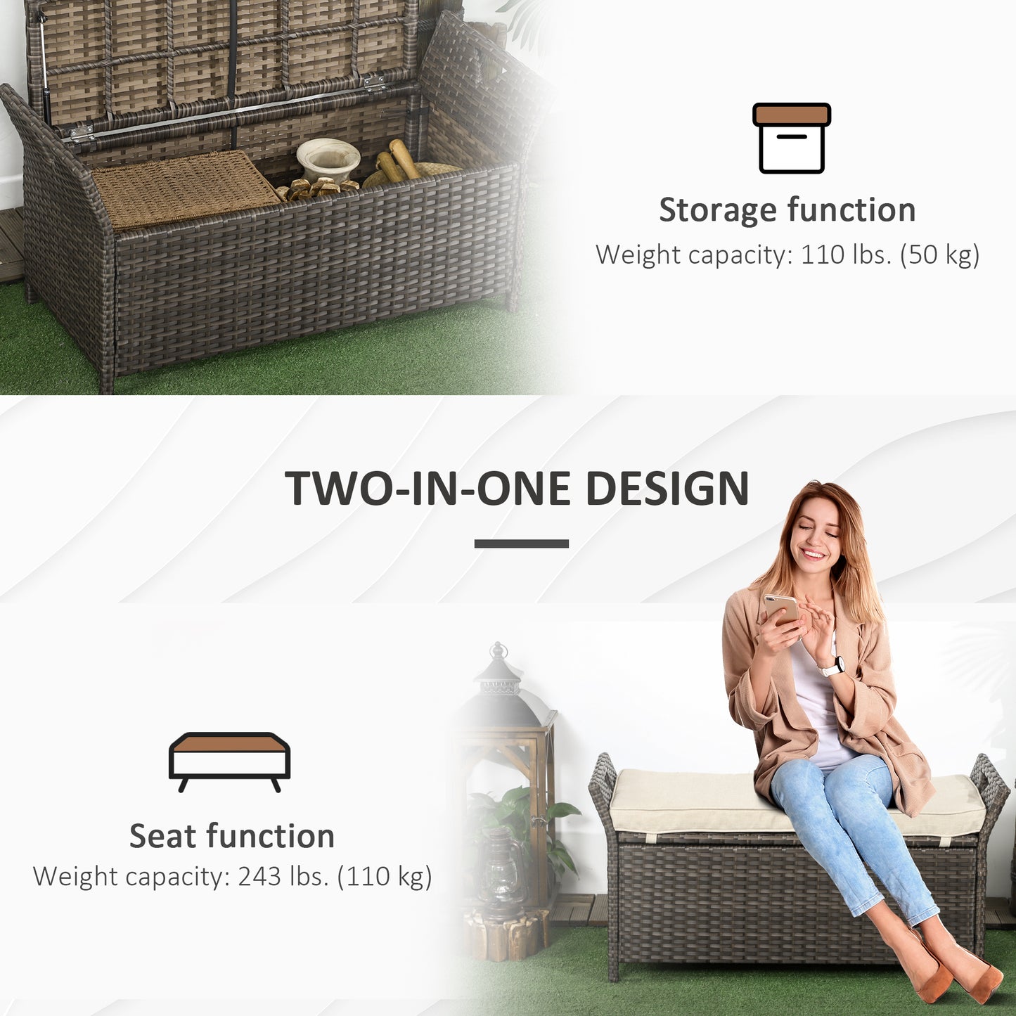 2-In-1 Outdoor PE Rattan Storage Bench, 29 Gallon Patio Wicker Furniture, Basket Box with Handles and Cushion Cream
