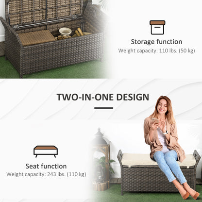 2-In-1 Outdoor PE Rattan Storage Bench, 29 Gallon Patio Wicker Furniture, Basket Box with Handles and Cushion Cream