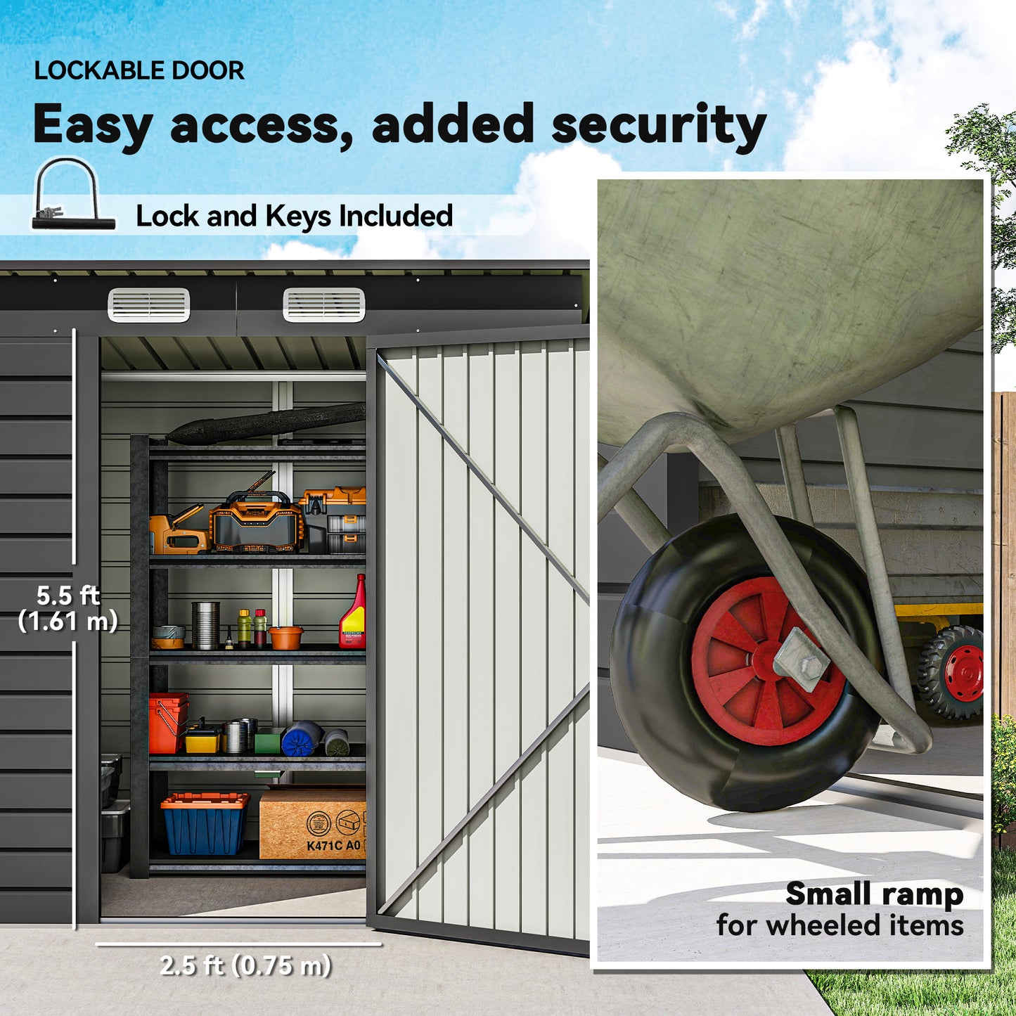 6 x 4FT Galvanized Garden Storage Shed, Metal Outdoor Shed with Double Doors and 2 Vents, Grey