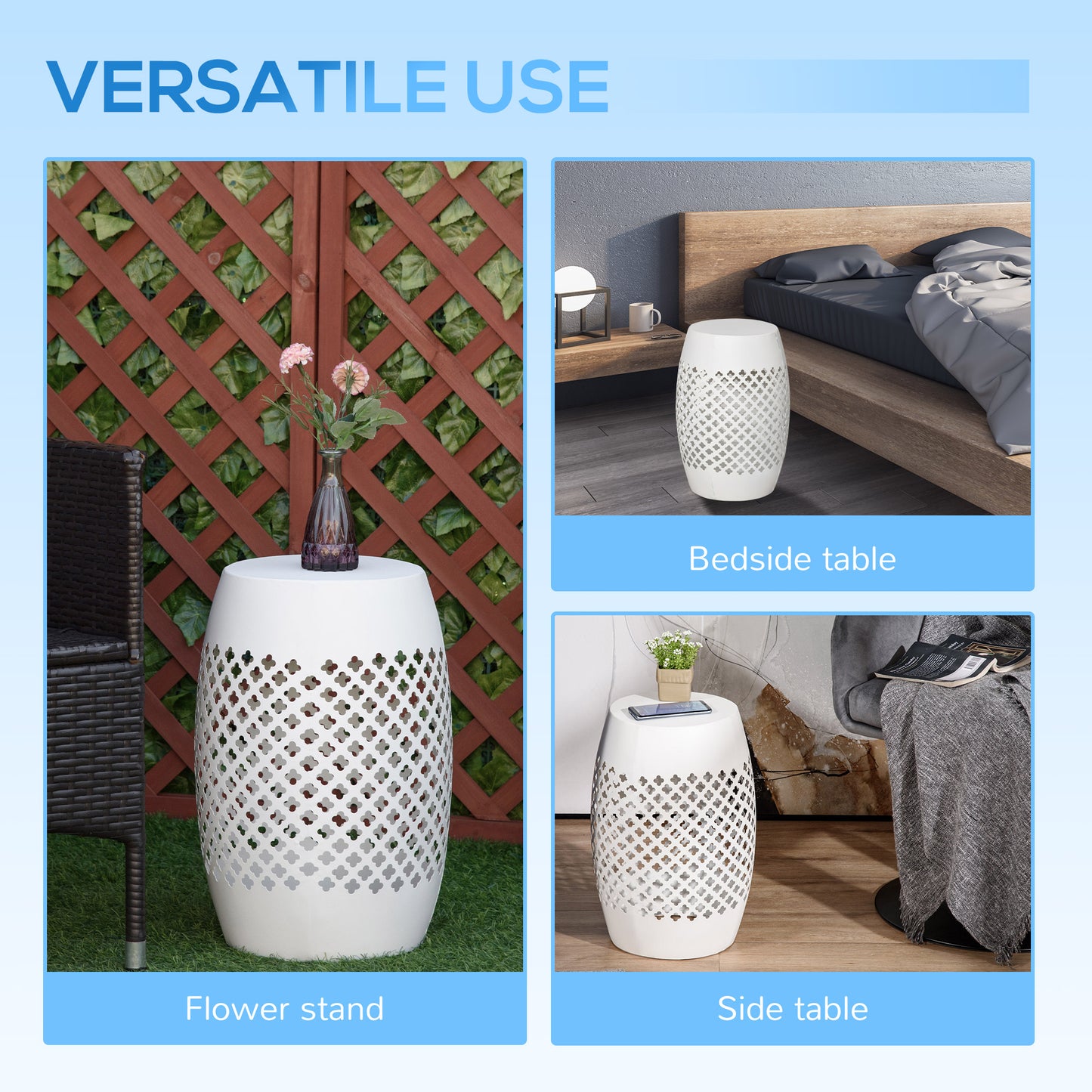 12" Steel Patio End Table, Round Hollow Drum Side Table, Accent Table for Indoor and Outdoor, White