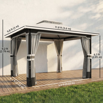 10' x 12' Patio Gazebo, Double Roof Outdoor Gazebo Canopy Shelter with Netting and Curtains, Steel Frame, Light Grey