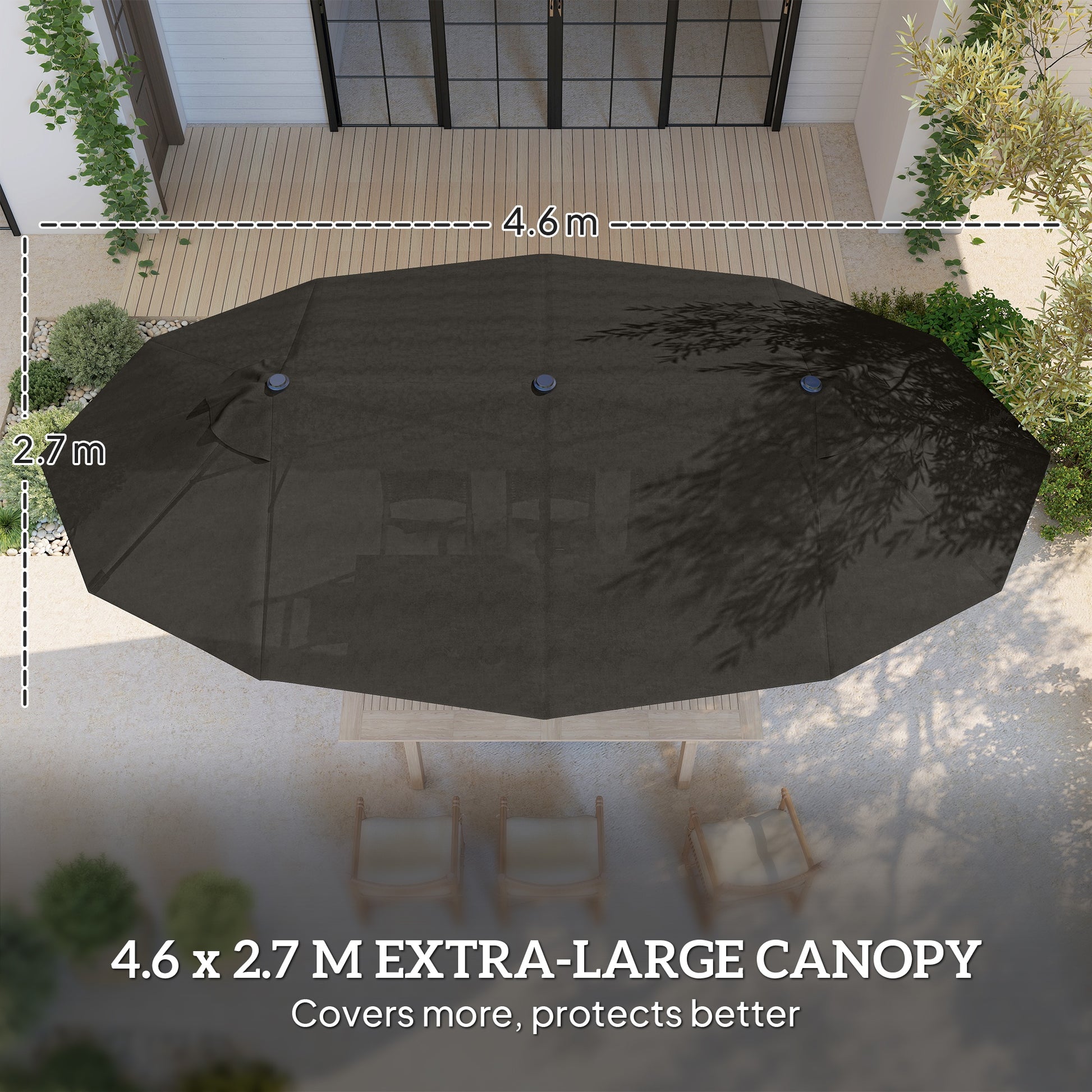 15' Outdoor Patio Umbrella with Twin Canopy Sunshade Steel Table Umbrella with Lift Crank, Cross base, Sandbag, Dark Grey