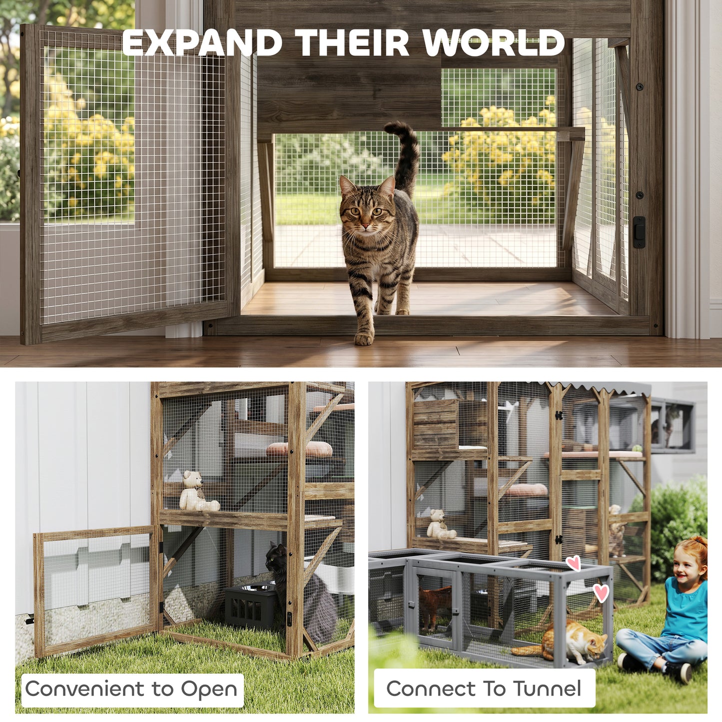 Wooden Catio Outdoor with Window Access, Waterproof Cover, Relaxing Condo, 5 Platforms, Doors, 59" x 28" x 59", Brown