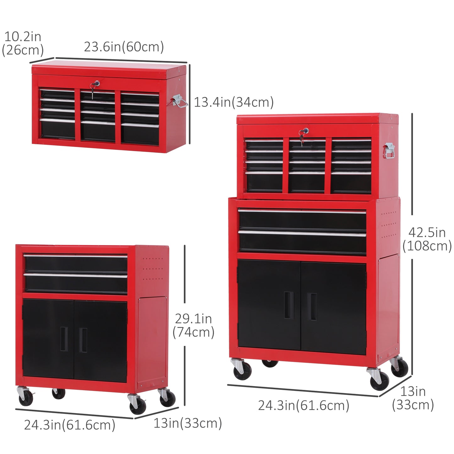 6-Drawer Rolling Tool Chest, 2 in 1 Lockable Storage Cabinet with Hooks, Metal Tool Box for Garage, Workshop, Red