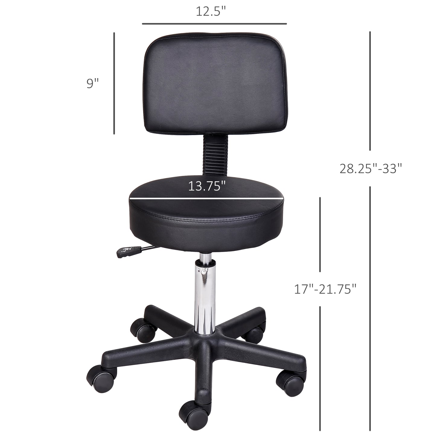 PU Leather Adjustable Rolling Stool, Round Swivel Drafting Stool with Back, Wheels, Black
