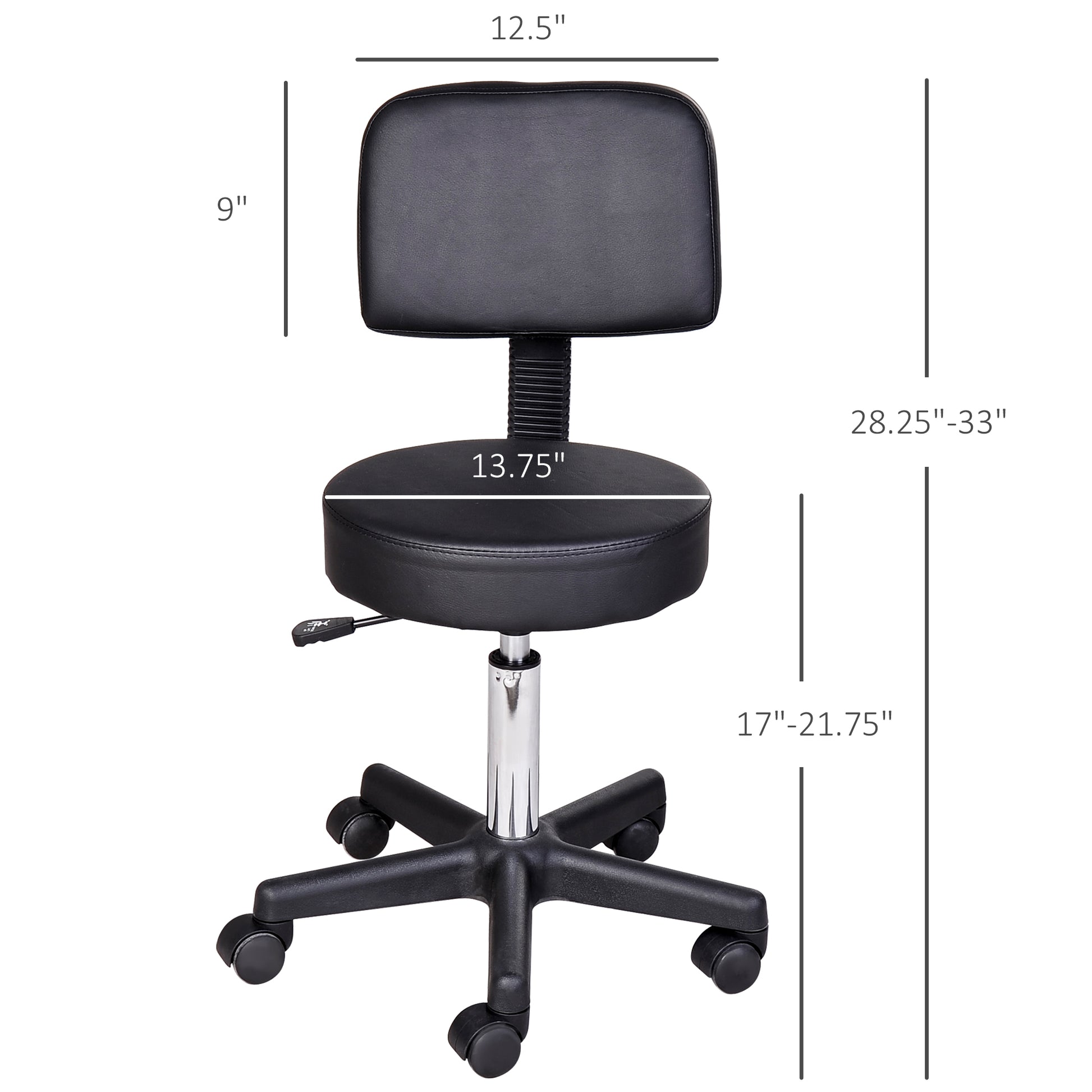 PU Leather Adjustable Rolling Stool, Round Swivel Drafting Stool with Back, Wheels, Black