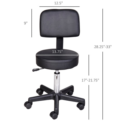 PU Leather Adjustable Rolling Stool, Round Swivel Drafting Stool with Back, Wheels, Black