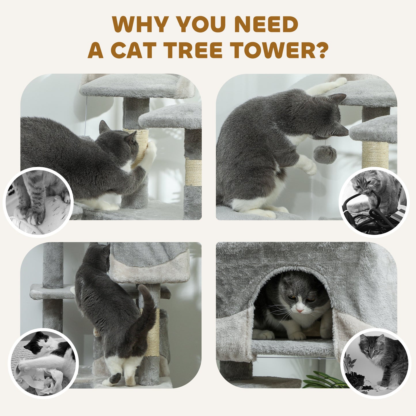 53" Cat Tree Scratching Large Kitten Play House Multi-Level Activity Center Pet Furniture, Grey