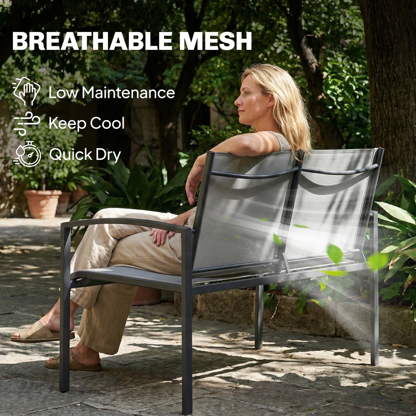Outdoor Garden Bench, 44 in Metal Patio Garden Park Bench with Breathable Mesh Fabric, 484 lb Load Capacity, Grey