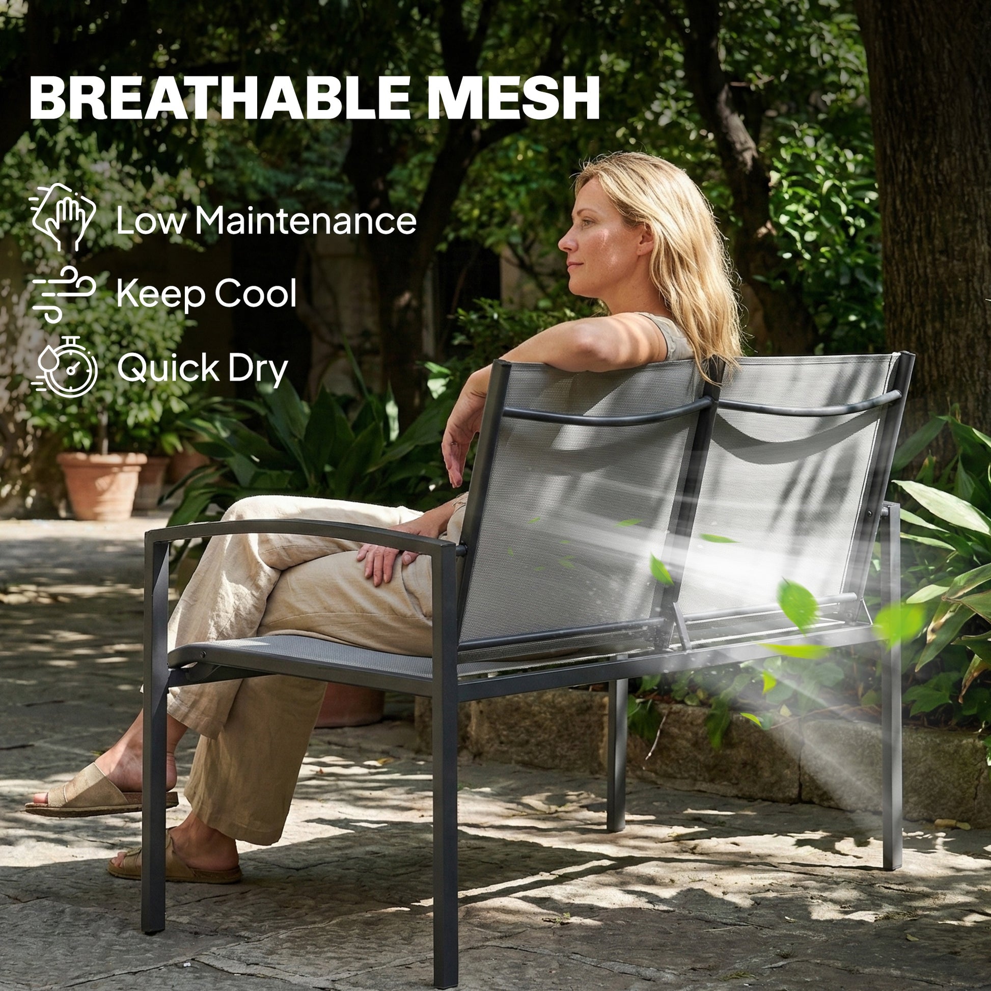 Outdoor Garden Bench, 44 in Metal Patio Garden Park Bench with Breathable Mesh Fabric, 484 lb Load Capacity, Grey