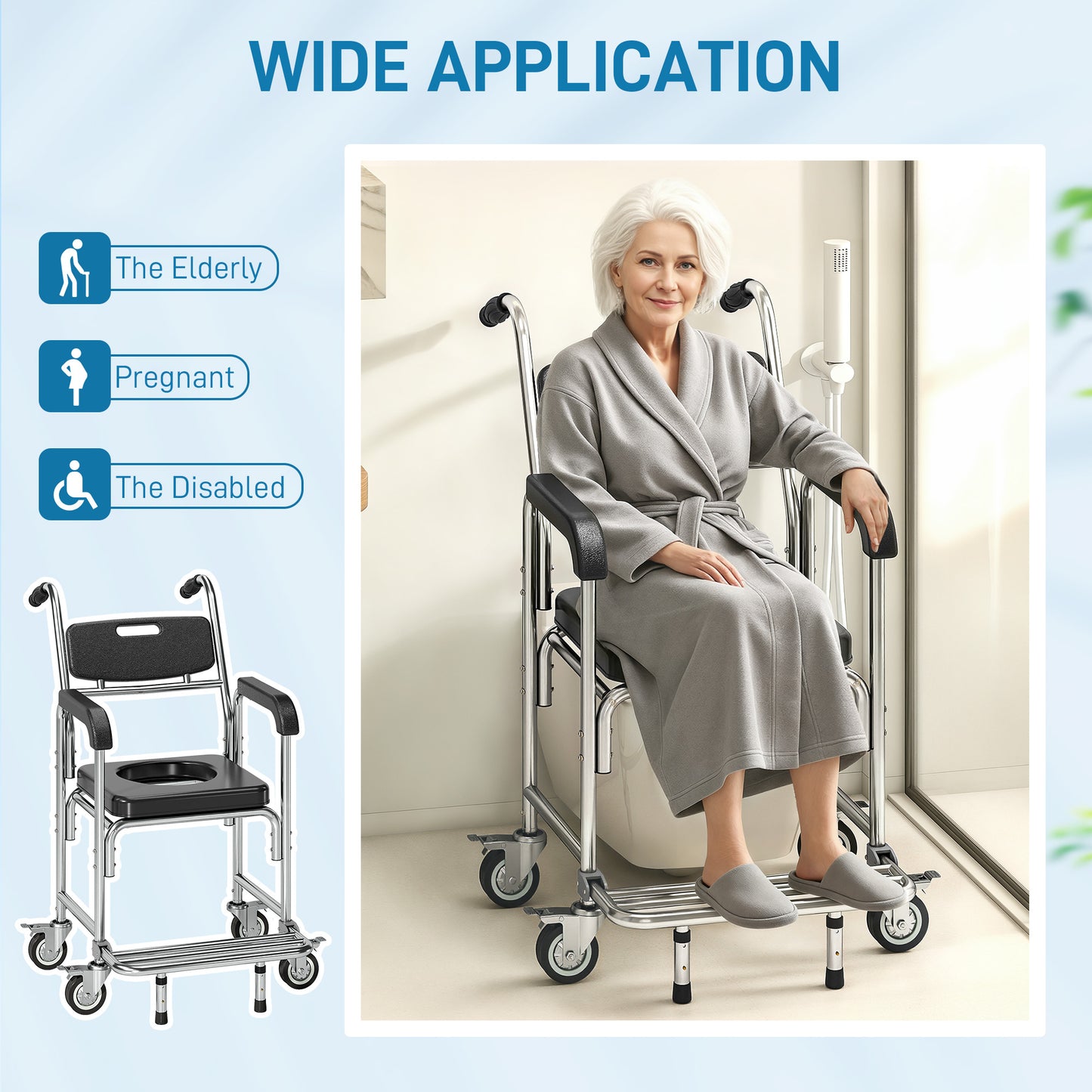 3-in-1 Shower Commode Wheelchair, Transport Beside Commode Chair with Padded Seat for the Elderly, Disabled