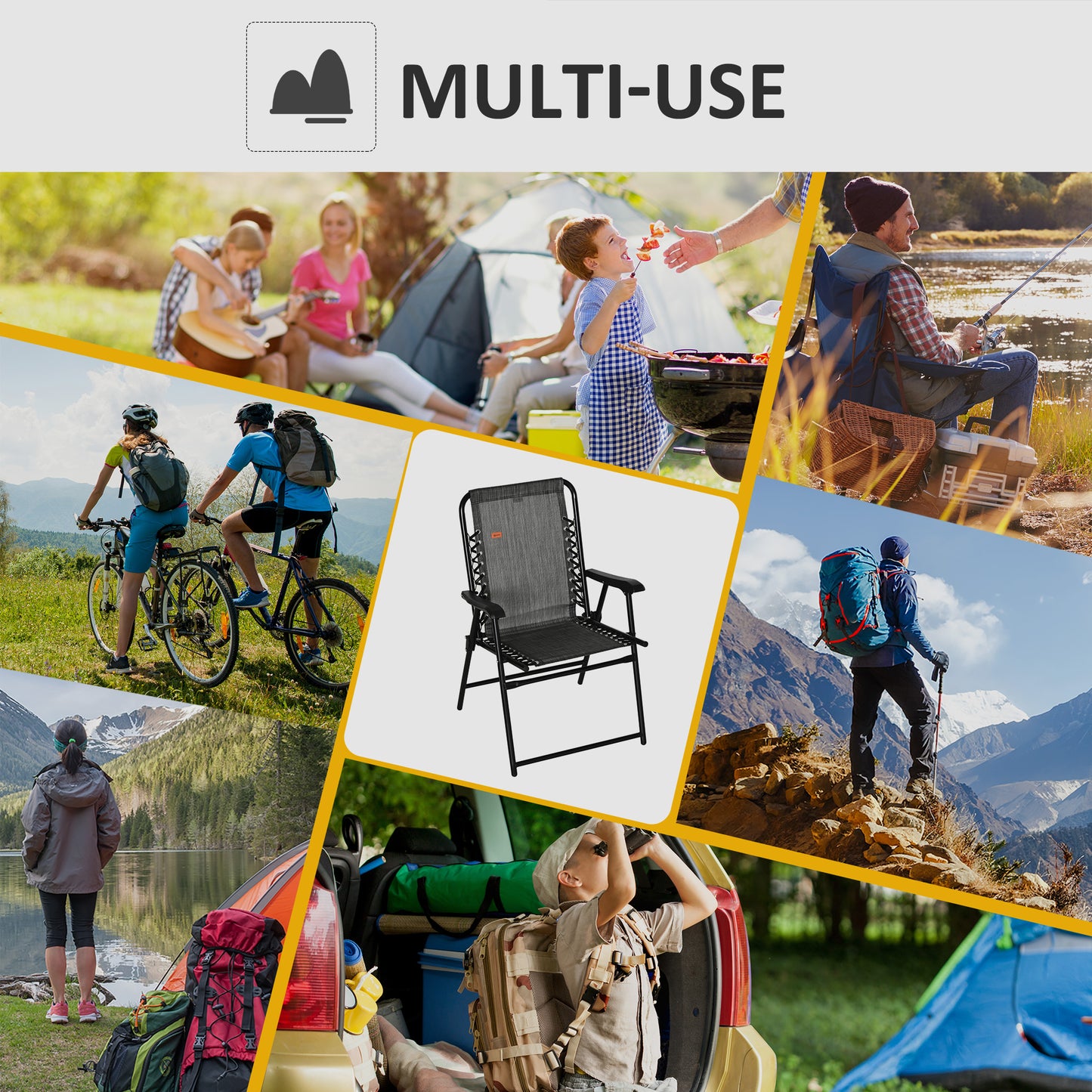Outdoor Folding Chair, Bungee Sling Foldable Patio Dining Chair with Armrests, Folding Lawn Chair for Camping, Garden, Pool, Beach, Backyard, Grey