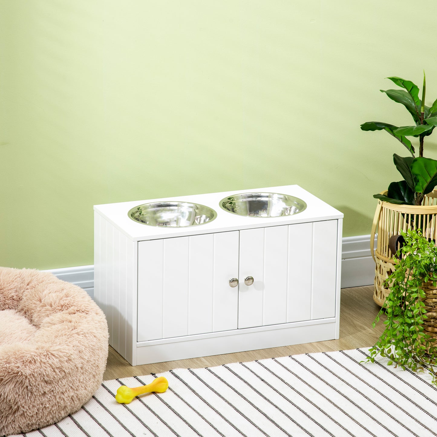 Elevated Dog Bowls for Large Dogs Pet Feeding Station with Stand, Storage, 2 Stainless Steel Food and Water Bowls, White, 23.6" x 11.8" x 14"