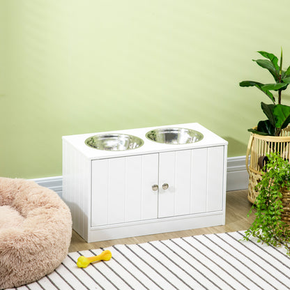 Elevated Dog Bowls for Large Dogs Pet Feeding Station with Stand, Storage, 2 Stainless Steel Food and Water Bowls, White, 23.6" x 11.8" x 14"