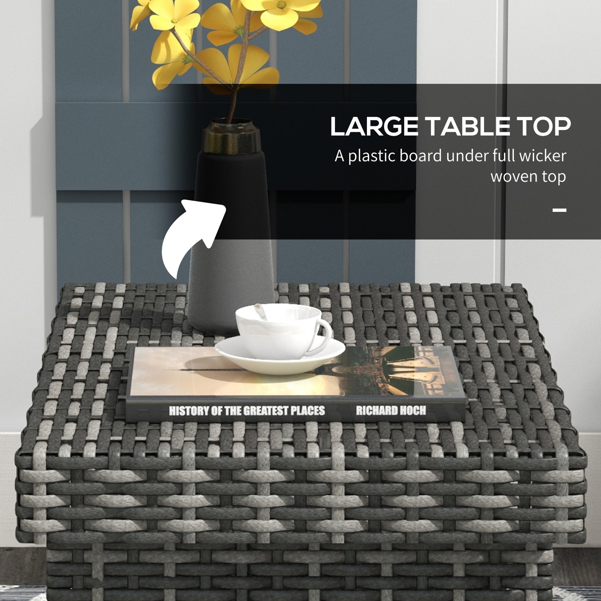 Outdoor Rattan Foldable End Table, Metal Frame Patio Wicker Table, Coffee Table Side Table for Poolside, Lawn, Garden, Mixed Grey