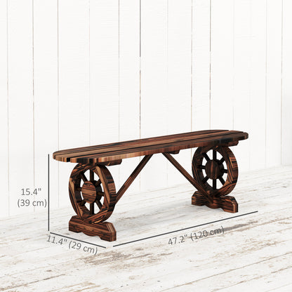 2-Person Outdoor Bench, Wood Garden Bench with Wagon Wheel Legs, Slatted Seat for Patio, Park, Backyard, Carbonized