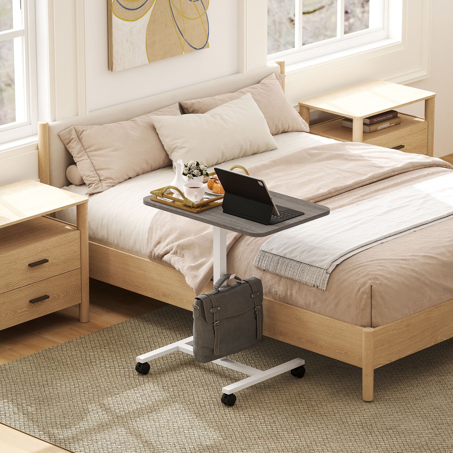 Height Adjustable Standing Desk, Pneumatic Sit Stand Desk with Wheels and Headphone Hook, Grey Wood Grain